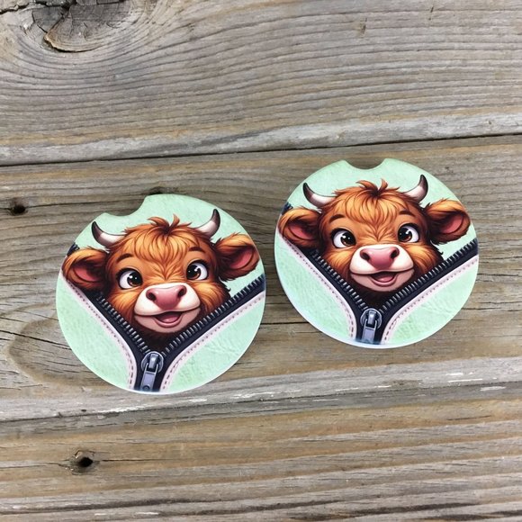 Highland Cow Peek-a-Boo Zipper Car Coasters Set of 2 - Picture 2 of 6